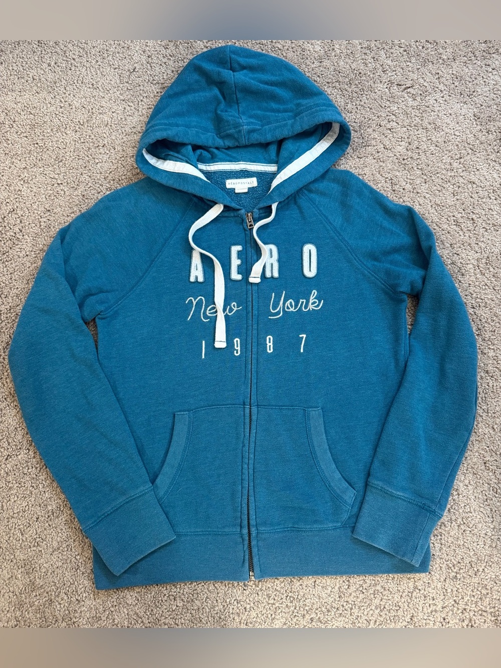 Y2K Aeropostale New York 1987 Blue Teal Zip Up Sweater